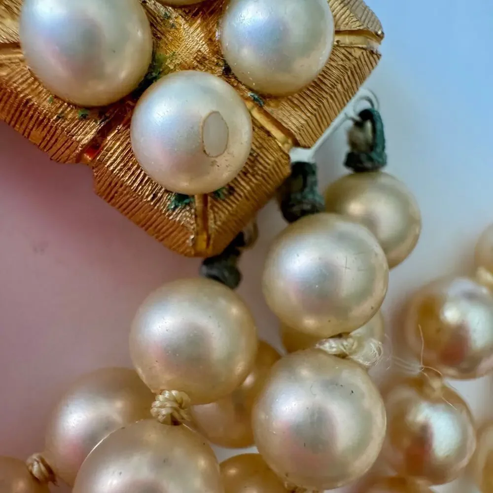 3 Vintage Faux Pearls and Gold Toned Bead Necklace and Two Bracelets 1950’s